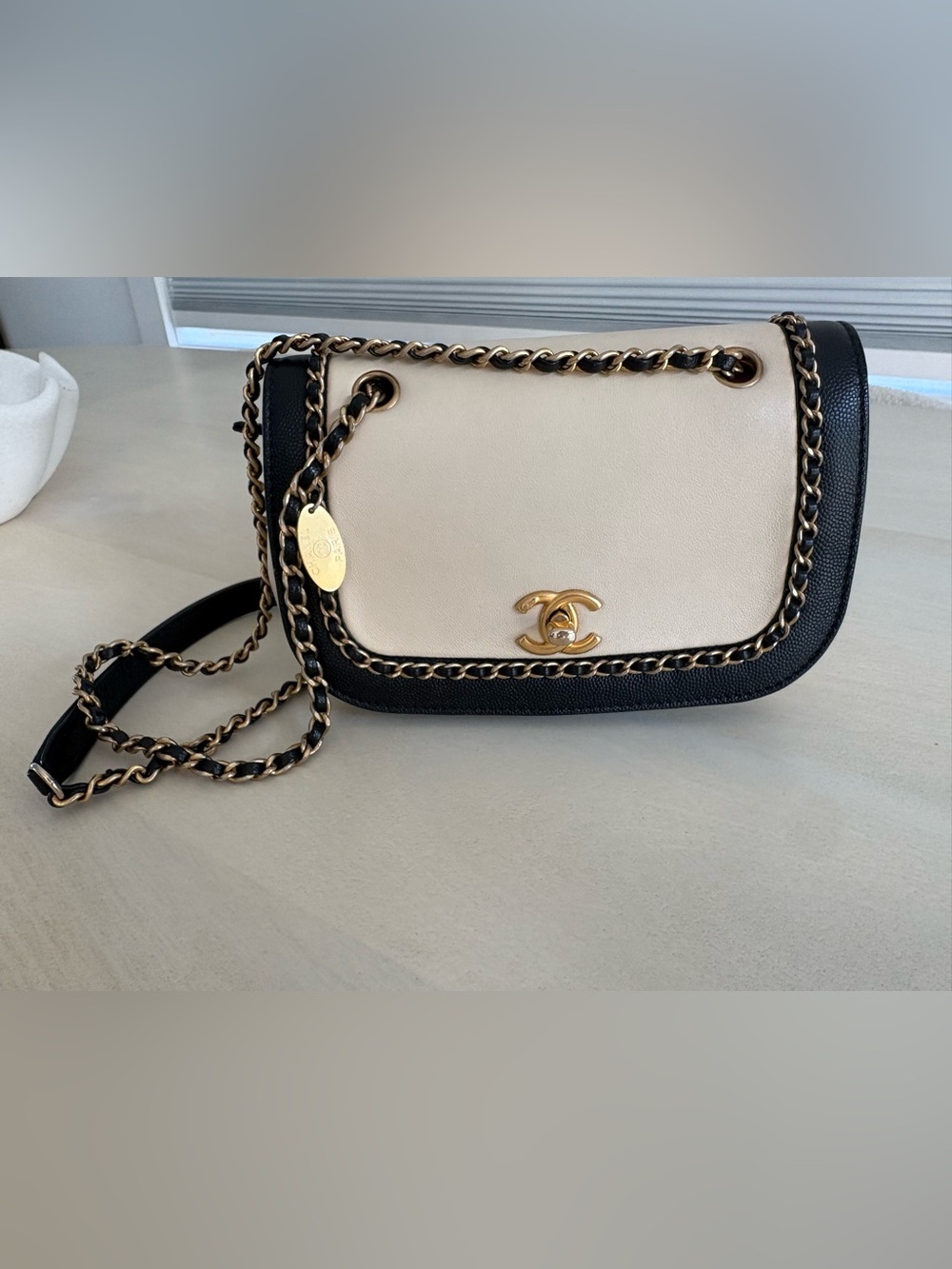 CHANEL Cream and Black Chain Trim Flap Crossbody Bag - Picture 15 of 16